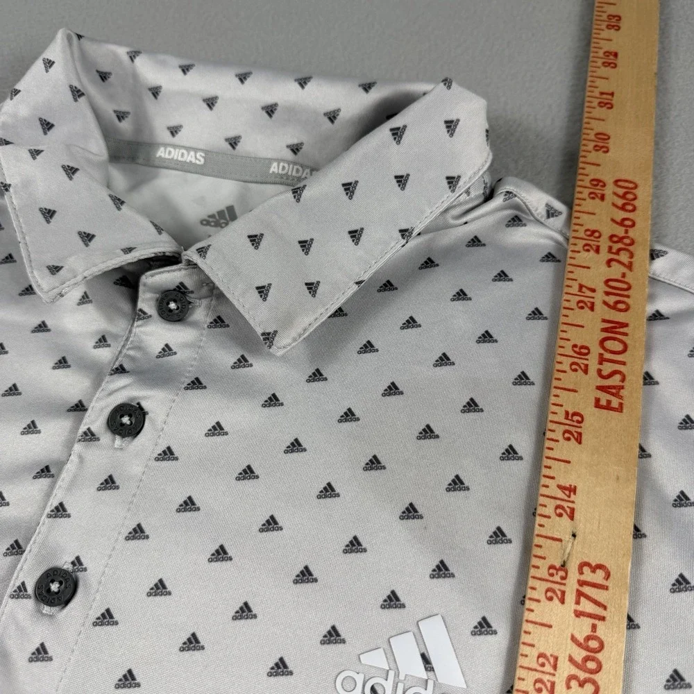 Adidas Golf Polo Shirt Mens Medium Dot Print Gray All Over Print Logo 3 Btn Plkt